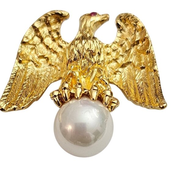 Ann Hand Vermeil Sterling Eagle Brooch, Faux Pearl Pin, Signed - Picture 2 of 11